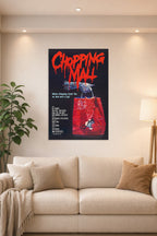 Chopping Mall Horror Movie Poster in a bright living room above a beige sofa.