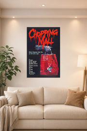 Chopping Mall Horror Movie Poster in a bright living room above a beige sofa.