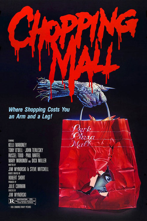 Chopping Mall poster features dripping red title text, a metallic cyborg arm, and a torn red shopping bag with a frightened eye.