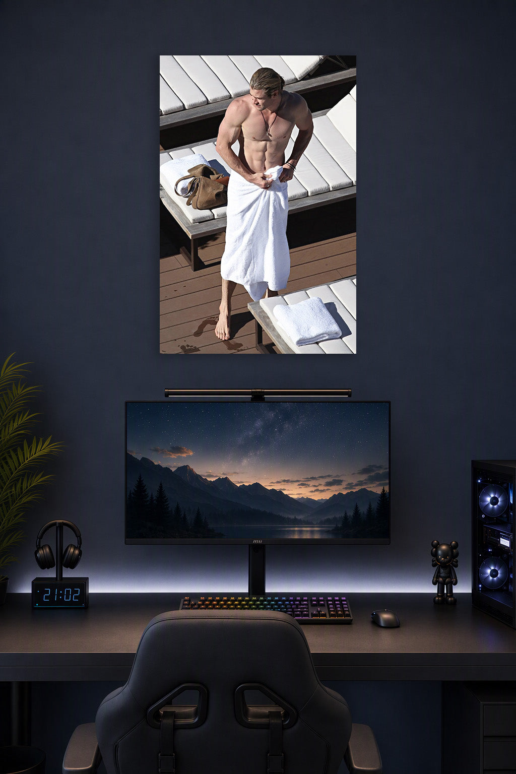 Chris Hemsworth in a gaming desk setup above a monitor.
