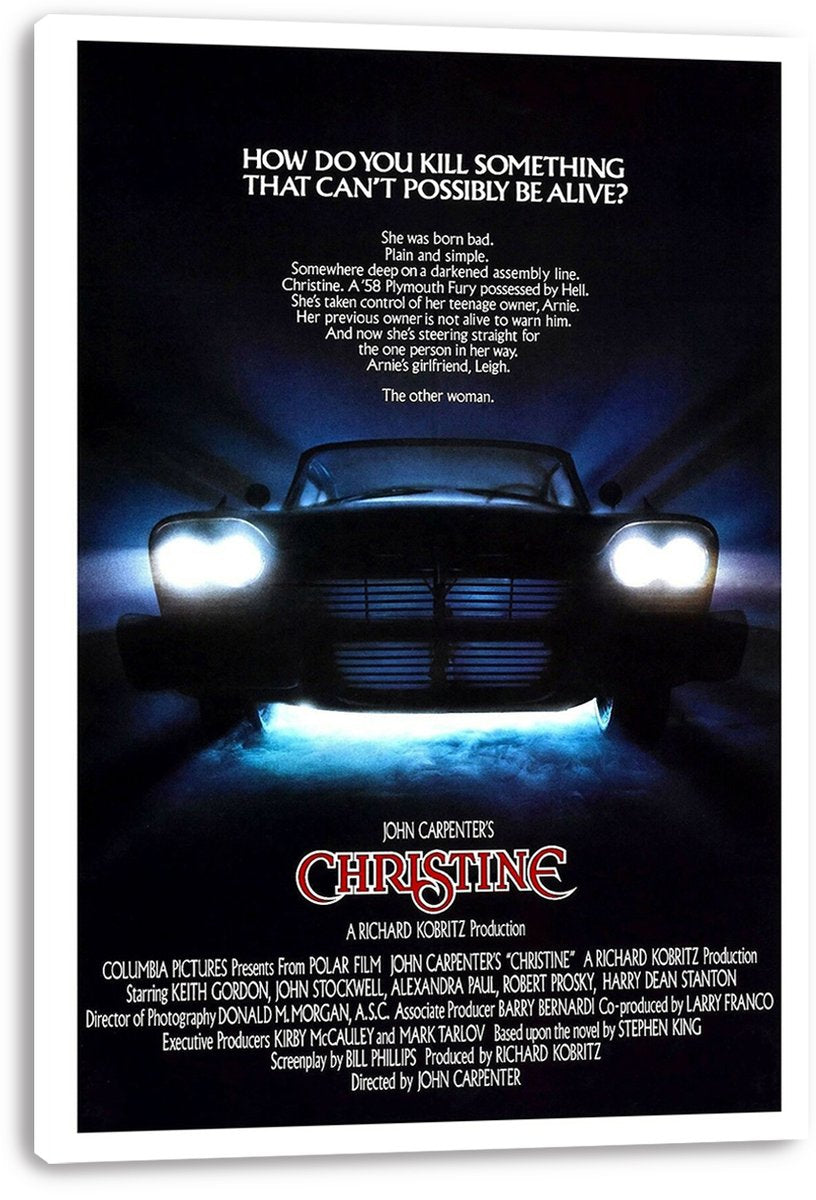 Christine movie poster canvas print displays a dark car with bright headlights, blue fog, tagline, and red title lettering.