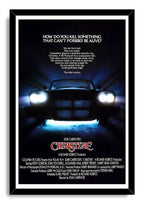 Christine movie poster framed wall art print presents a shadowy car in blue haze within a black frame and white mat.