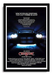 Christine movie poster framed wall art print presents a shadowy car in blue haze within a black frame and white mat.