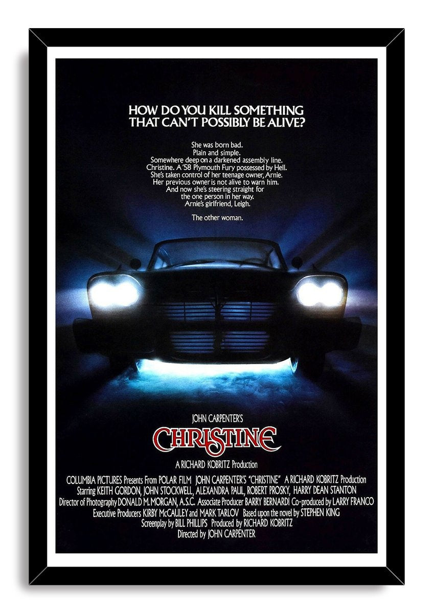 Christine movie poster framed wall art print presents a shadowy car in blue haze within a black frame and white mat.