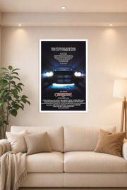 Christine (1983) Movie Poster in a bright living room above a beige sofa.