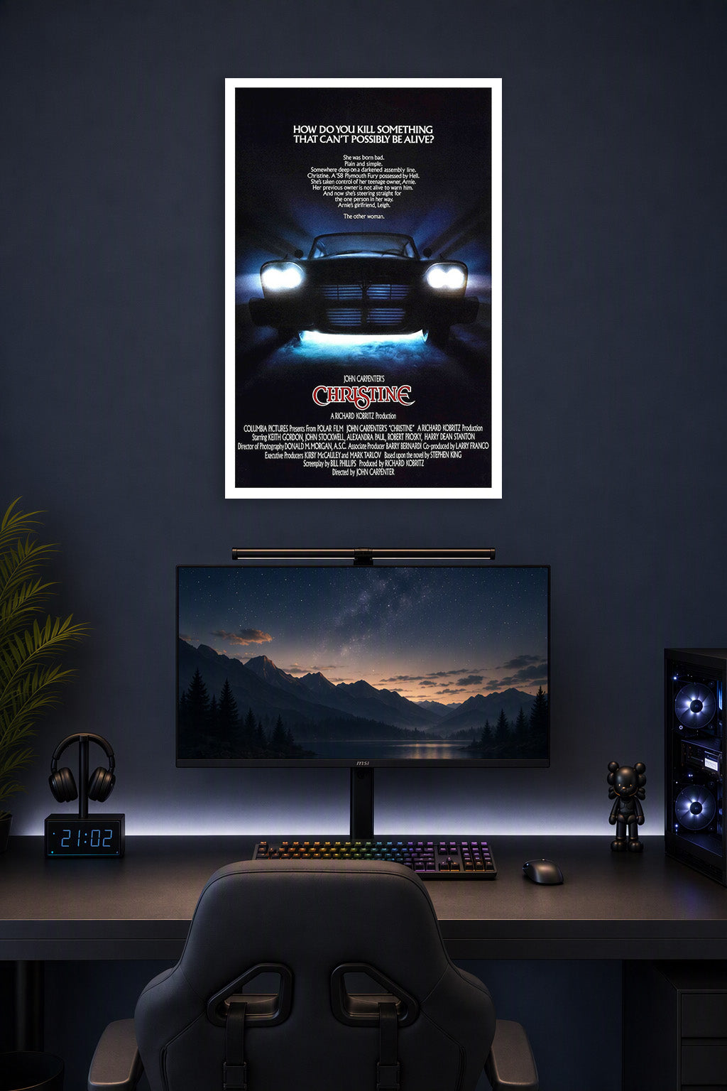 Christine (1983) Movie Poster in a gaming desk setup above a monitor.