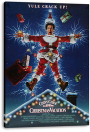 Christmas Vacation wall art canvas presents Clark Griswold electrified in a Santa suit, with flying gifts, colorful lights, and a snowy house.