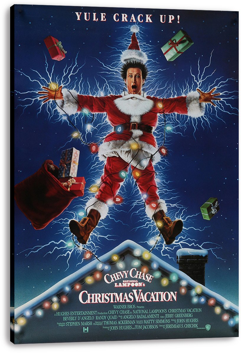 Christmas Vacation wall art canvas presents Clark Griswold electrified in a Santa suit, with flying gifts, colorful lights, and a snowy house.
