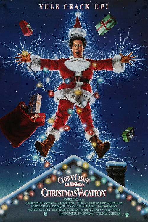 Christmas Vacation poster features Clark Griswold in a red Santa suit, tangled in glowing lights and lightning above a snowy roof.