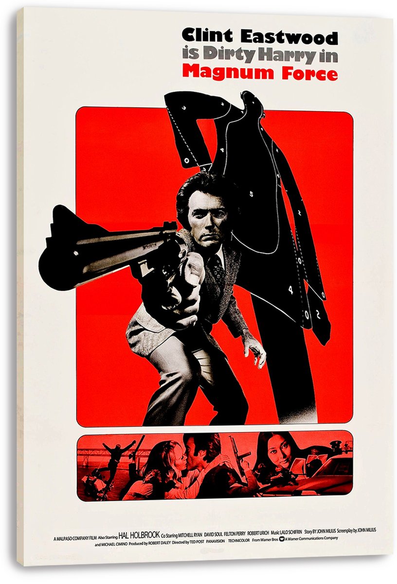 Magnum Force canvas wall art print displays Clint Eastwood aiming a handgun against red, black target imagery and a strip of action scenes.
