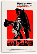 Magnum Force canvas wall art print displays Clint Eastwood aiming a handgun against red, black target imagery and a strip of action scenes.