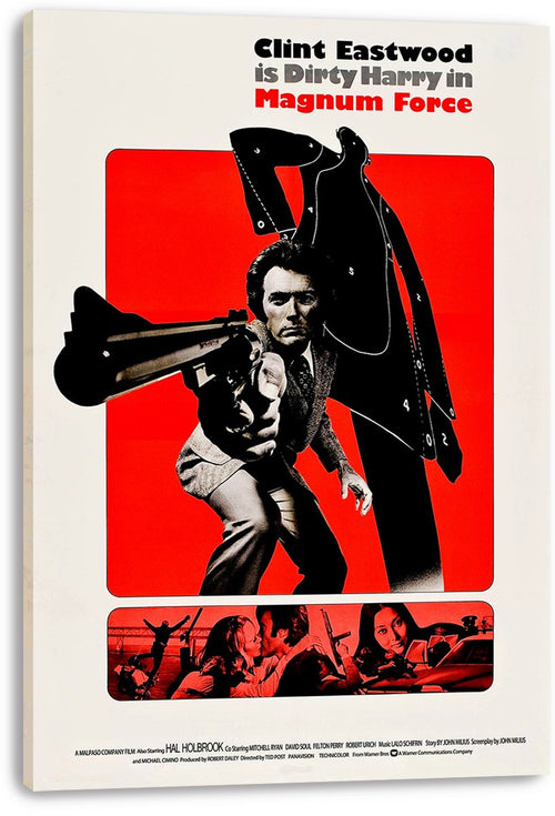 Magnum Force canvas wall art print displays Clint Eastwood aiming a handgun against red, black target imagery and a strip of action scenes.