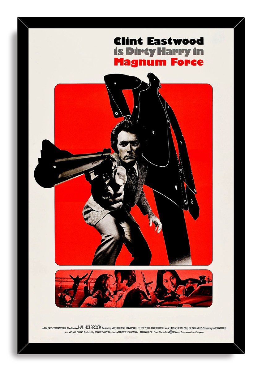 Framed Magnum Force wall art print features Clint Eastwood with a handgun, a black silhouette target, red panels, and film stills below.