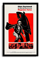 Framed Magnum Force wall art print features Clint Eastwood with a handgun, a black silhouette target, red panels, and film stills below.
