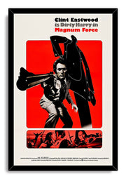 Framed Magnum Force wall art print features Clint Eastwood with a handgun, a black silhouette target, red panels, and film stills below.