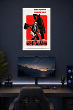 Clint Eastwood Dirty Harry Magnum Force in a gaming desk setup above a monitor.