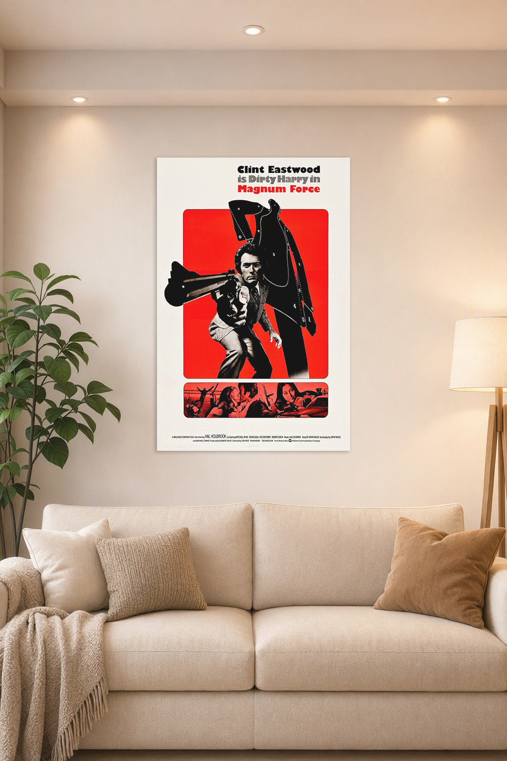 Clint Eastwood Dirty Harry Magnum Force in a bright living room above a beige sofa.
