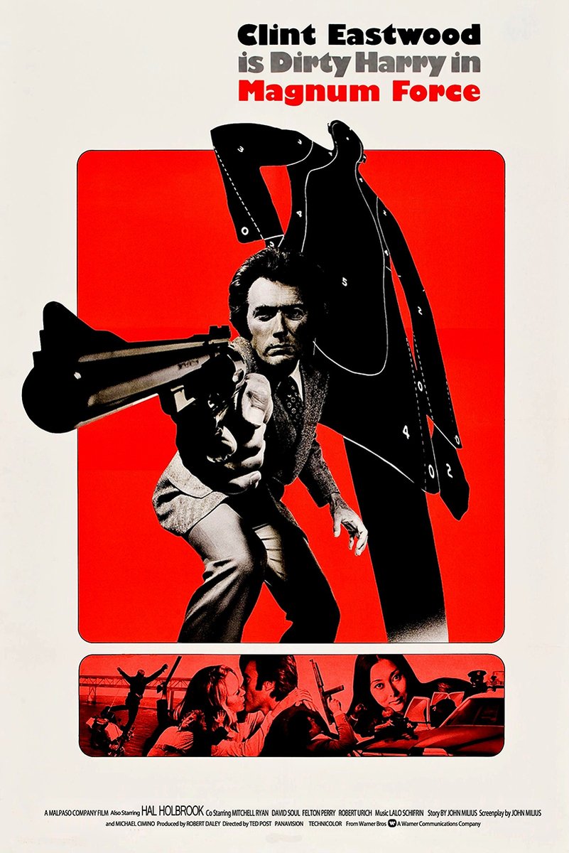 Magnum Force poster features Clint Eastwood aiming a handgun before a black target silhouette on a bold red panel, with film scenes below.