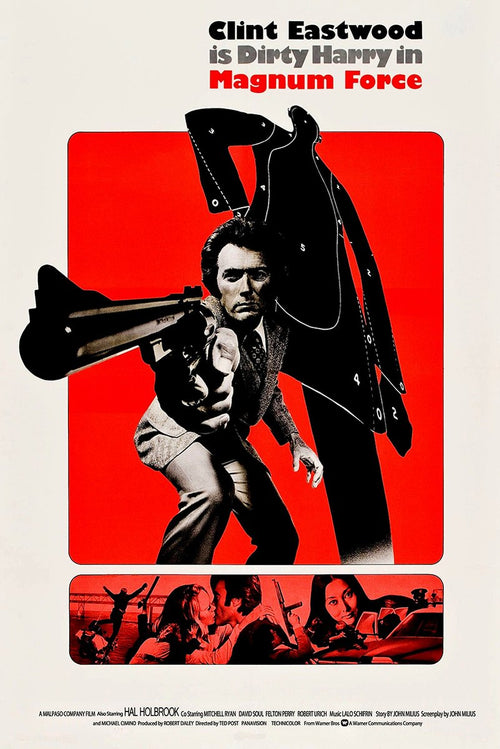 Magnum Force poster features Clint Eastwood aiming a handgun before a black target silhouette on a bold red panel, with film scenes below.