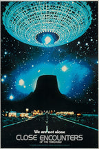 Close Encounters of the Third Kind poster features a glowing turquoise mothership above Devil's Tower and a lit highway at night.