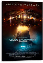 Close Encounters of the Third Kind wall art print on a wrapped canvas depicts a luminous UFO hovering over Devil's Tower.