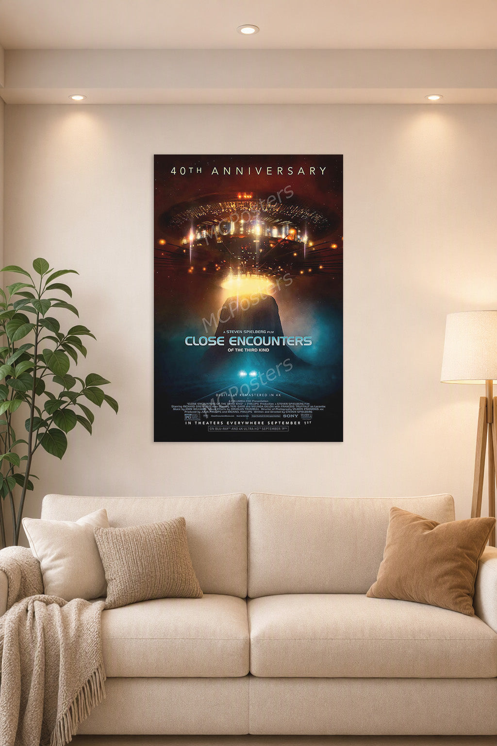 Close Encounters of the Third Kind Movie in a bright living room above a beige sofa.