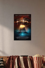 Close Encounters of the Third Kind Movie in a cozy movie room above a brown sofa with popcorn.