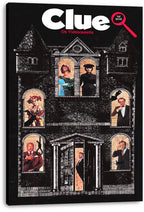 Clue movie canvas wall art print displays a shadowy mansion façade, character portraits in windows, and white title lettering with a red magnifying glass.