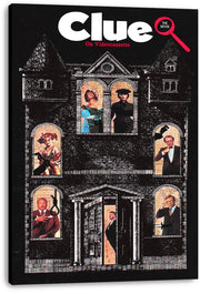 Clue movie canvas wall art print displays a shadowy mansion façade, character portraits in windows, and white title lettering with a red magnifying glass.