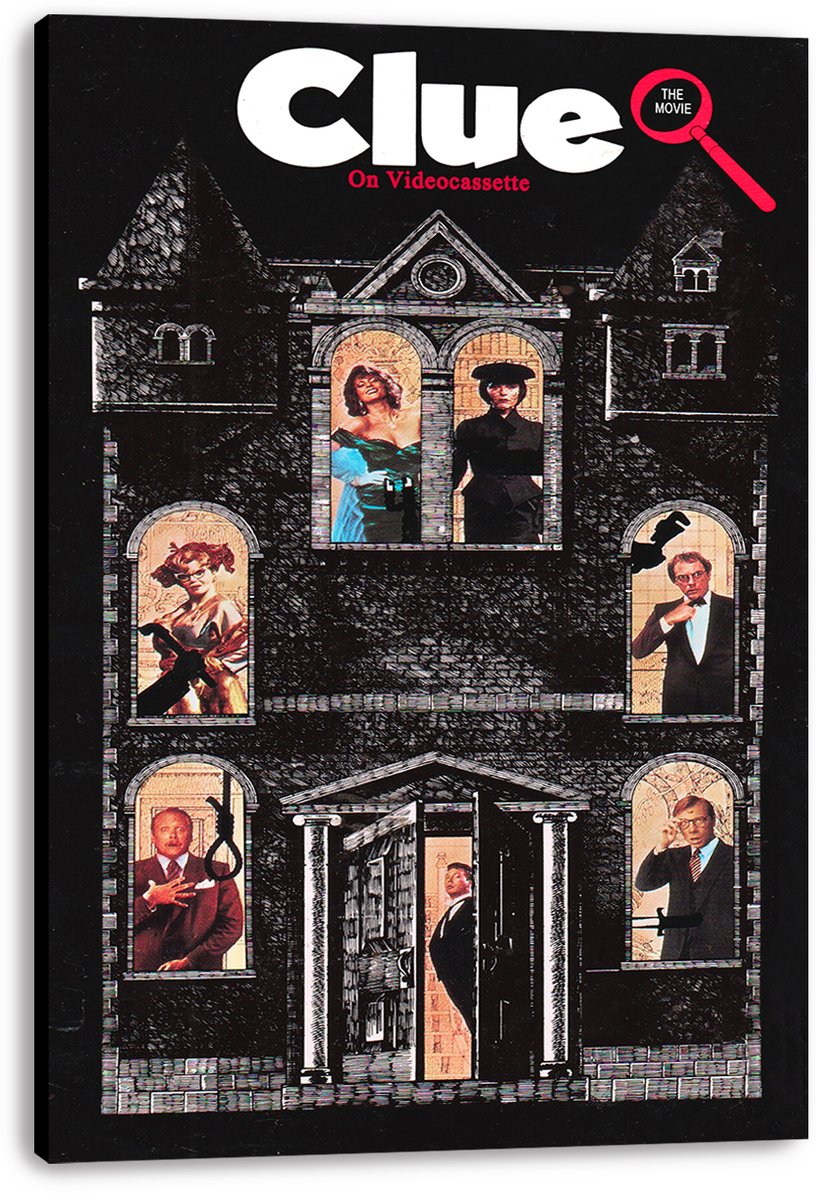 Clue movie canvas wall art print displays a shadowy mansion façade, character portraits in windows, and white title lettering with a red magnifying glass.