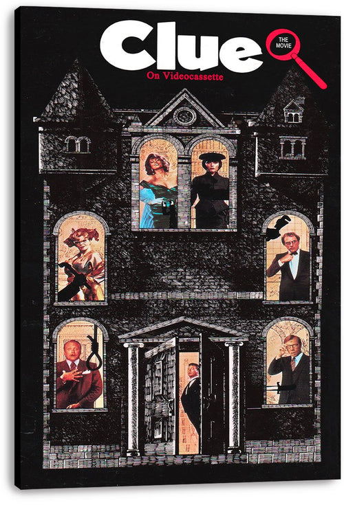 Clue movie canvas wall art print displays a shadowy mansion façade, character portraits in windows, and white title lettering with a red magnifying glass.