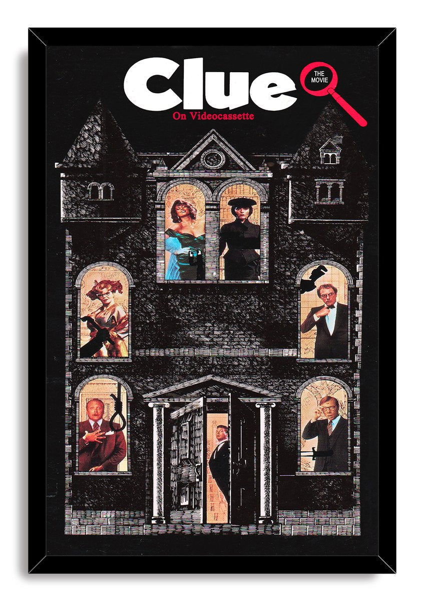 Clue movie framed wall art print features a black mansion scene, six character window portraits, a noose silhouette, and red magnifying-glass logo.