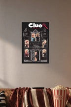 Clue Movie in a cozy movie room above a brown sofa with popcorn.