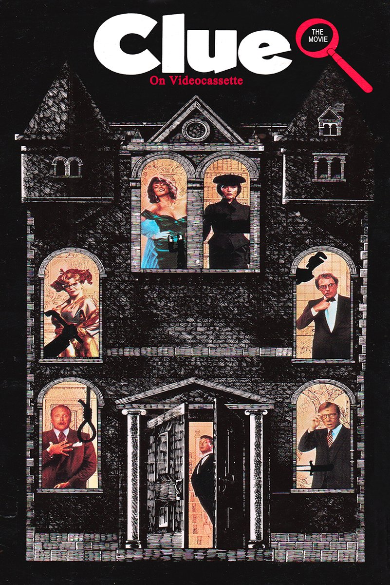 Clue movie poster depicts a dark mansion with cast members in glowing windows, a noose silhouette, and bold white and red title text.