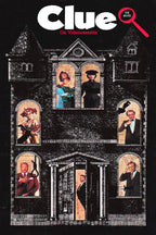 Clue movie poster depicts a dark mansion with cast members in glowing windows, a noose silhouette, and bold white and red title text.