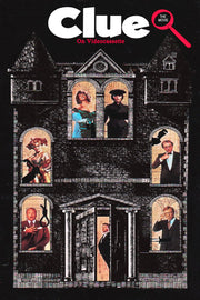 Clue movie poster depicts a dark mansion with cast members in glowing windows, a noose silhouette, and bold white and red title text.