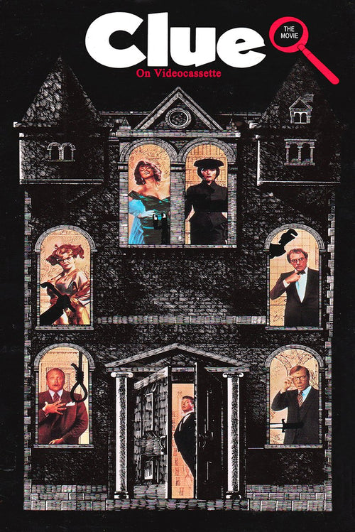 Clue movie poster depicts a dark mansion with cast members in glowing windows, a noose silhouette, and bold white and red title text.