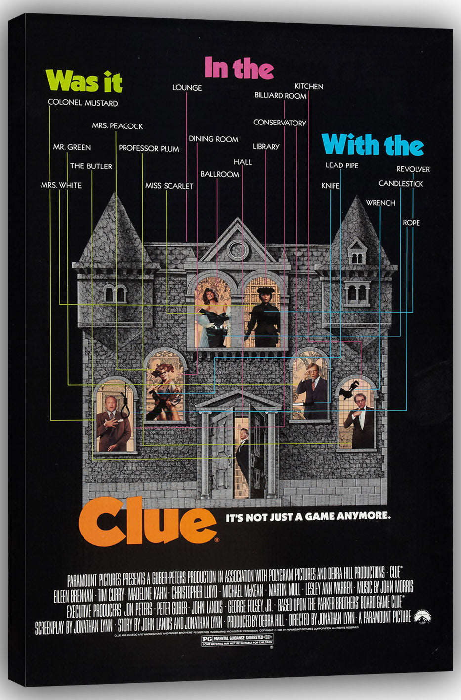 Clue movie canvas wall art featuring a stone manor, cast portraits in its windows, and neon-colored mystery clues on black.