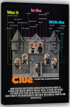 Clue movie canvas wall art featuring a stone manor, cast portraits in its windows, and neon-colored mystery clues on black.