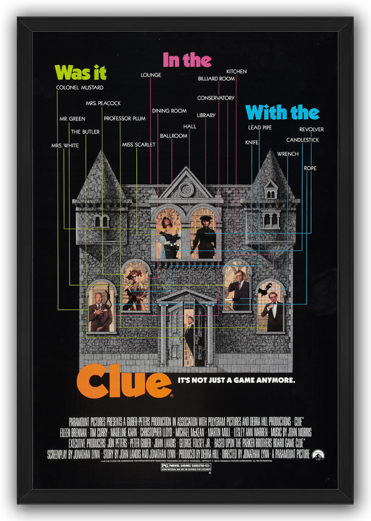 Clue movie poster wall art print in a black frame, with a mansion, character portraits, and labeled suspect, room, and weapon lines.