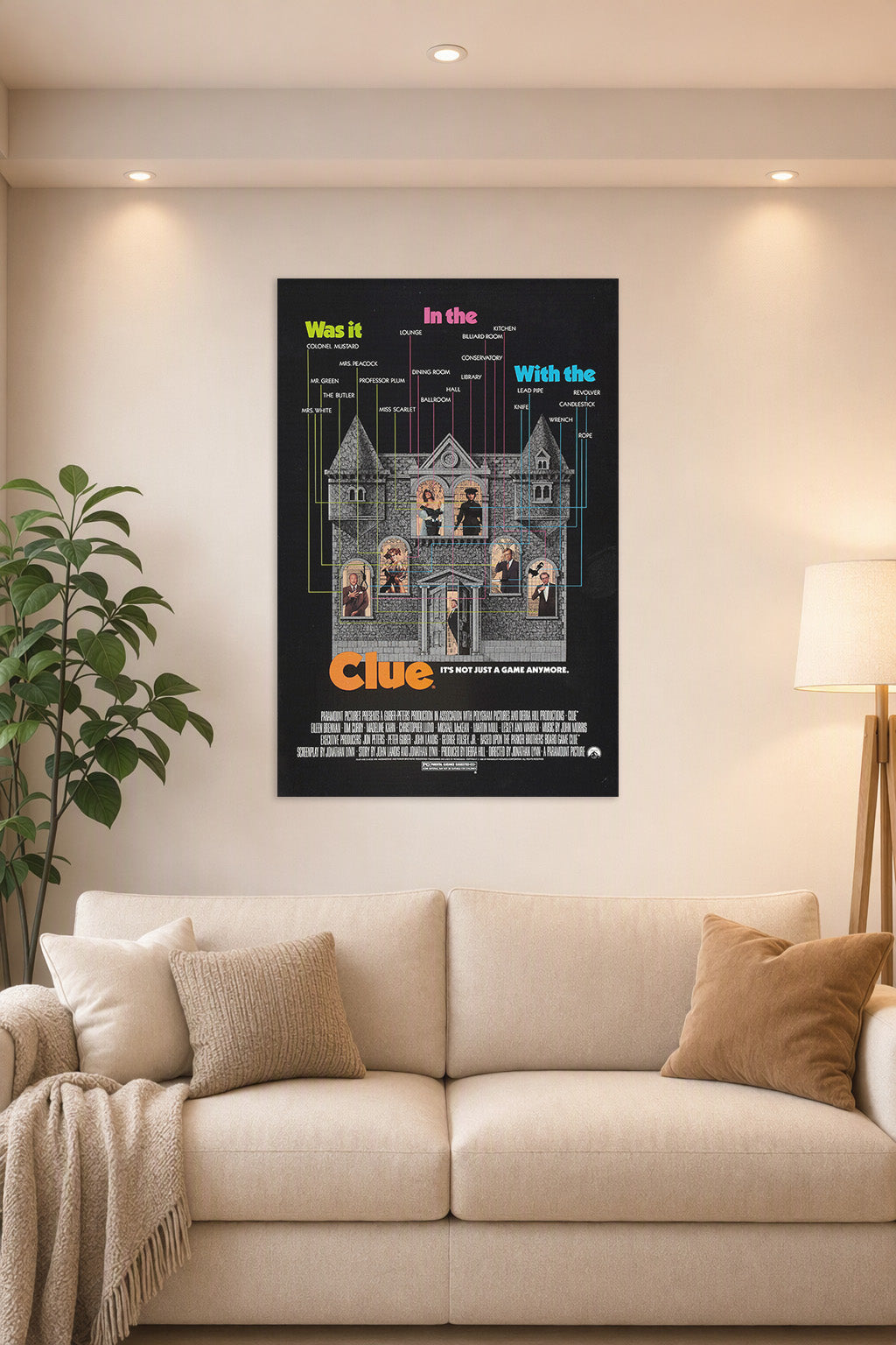 Clue Movies in a bright living room above a beige sofa.