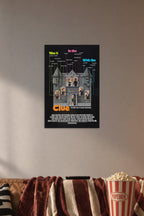 Clue Movies in a cozy movie room above a brown sofa with popcorn.
