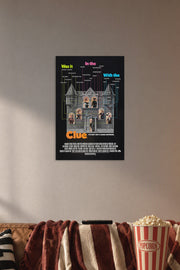 Clue Movies in a cozy movie room above a brown sofa with popcorn.