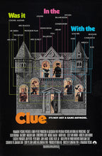 Clue movie poster wall art print with a gray mansion, six character portraits, and colorful lines linking suspects, rooms, and weapons.
