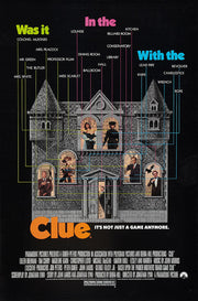Clue movie poster wall art print with a gray mansion, six character portraits, and colorful lines linking suspects, rooms, and weapons.