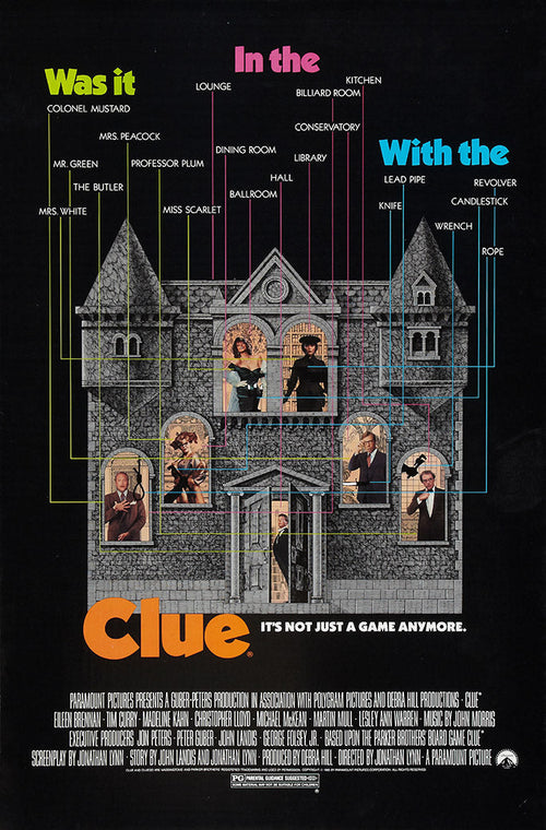 Clue movie poster wall art print with a gray mansion, six character portraits, and colorful lines linking suspects, rooms, and weapons.
