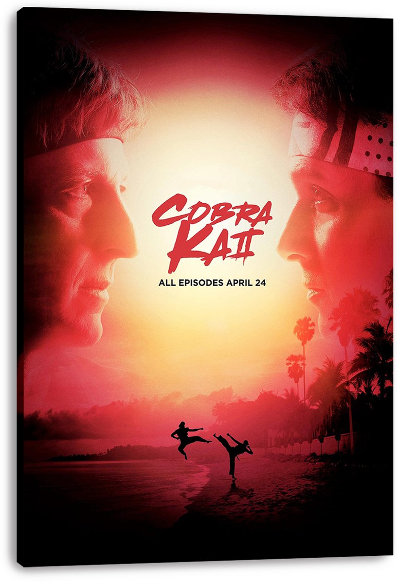Cobra Kai canvas wall art print with rival men in profile, red sunset glow, palm trees, and beach fight silhouettes.