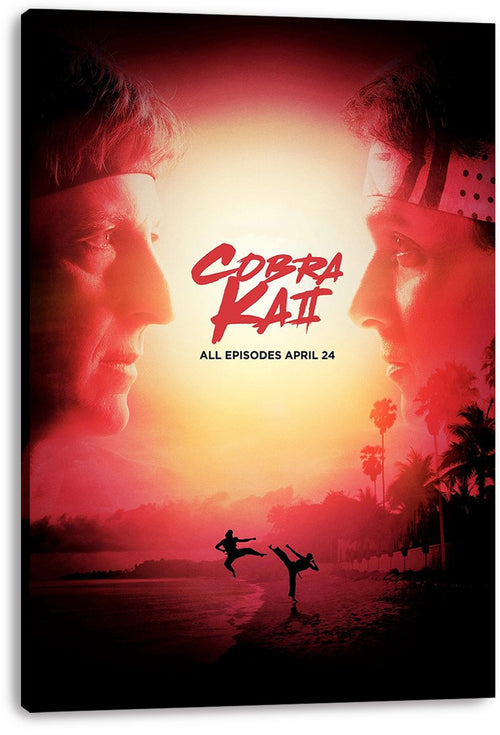 Cobra Kai canvas wall art print with rival men in profile, red sunset glow, palm trees, and beach fight silhouettes.