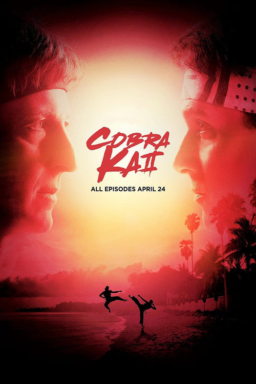 Cobra Kai poster with two men facing off above a red-orange beach sunset and silhouetted martial artists kicking.