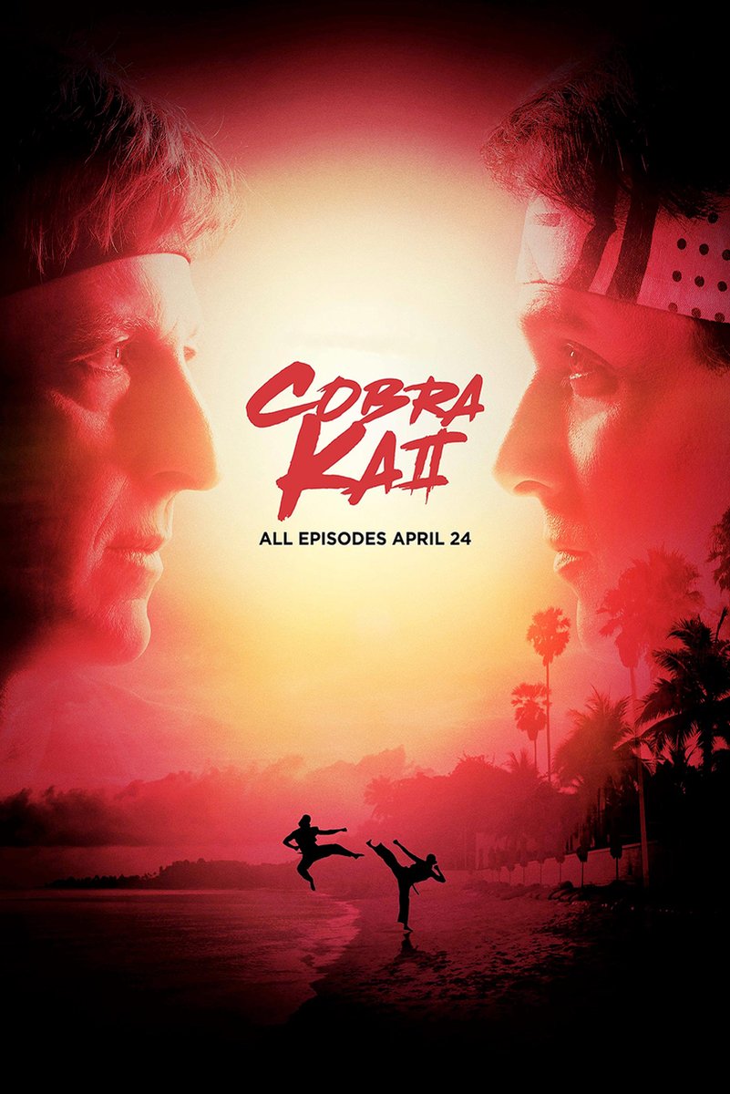 Cobra Kai poster with two headbanded men facing off above silhouetted karate fighters on a red-orange beach at sunset.